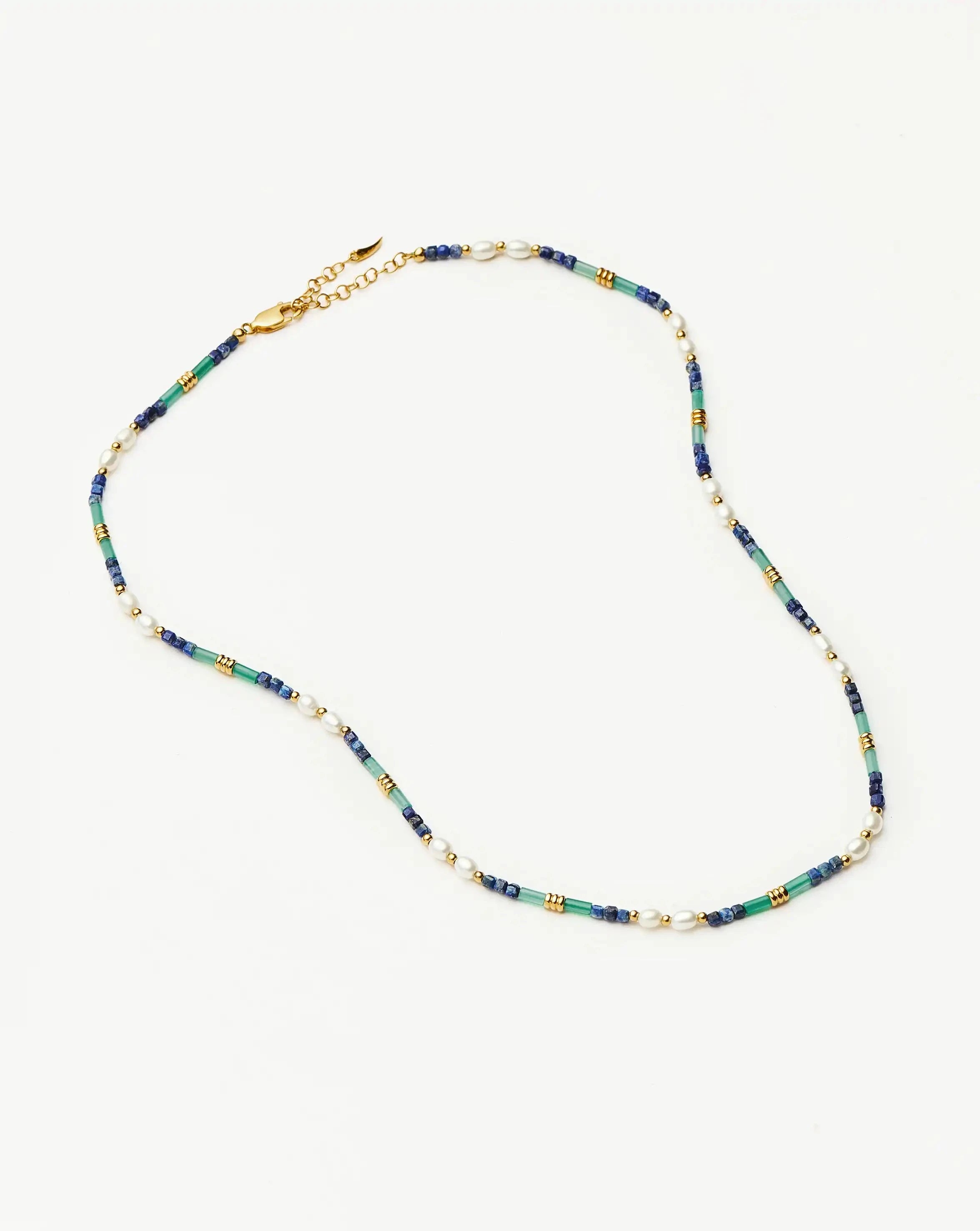 Beaded Gemstone & Pearl Short Necklace - 18k Gold Plated/Lagoon Blue