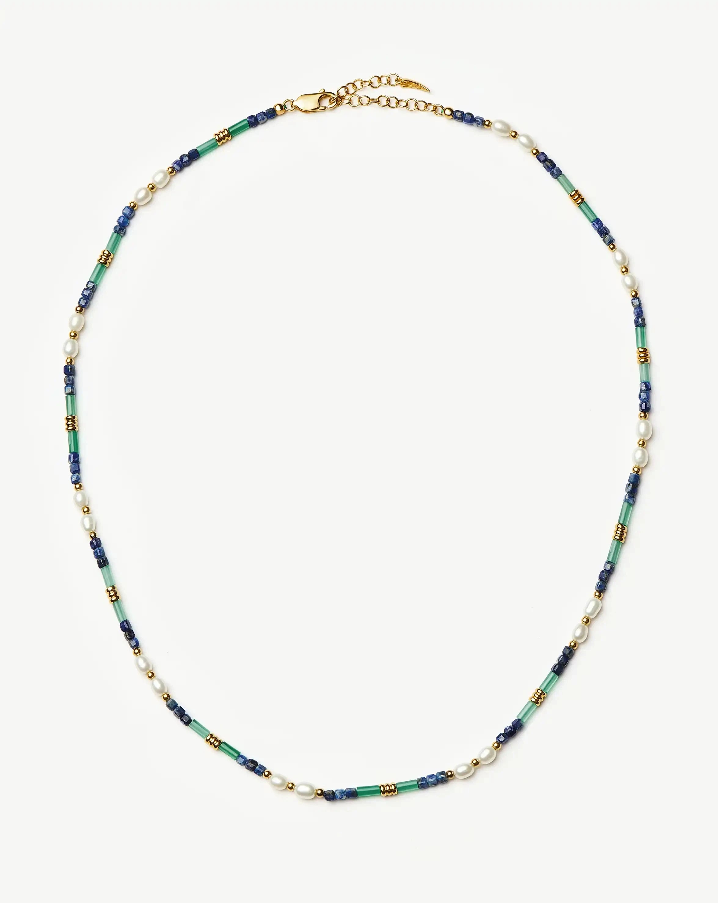 Beaded Gemstone & Pearl Short Necklace - 18k Gold Plated/Lagoon Blue