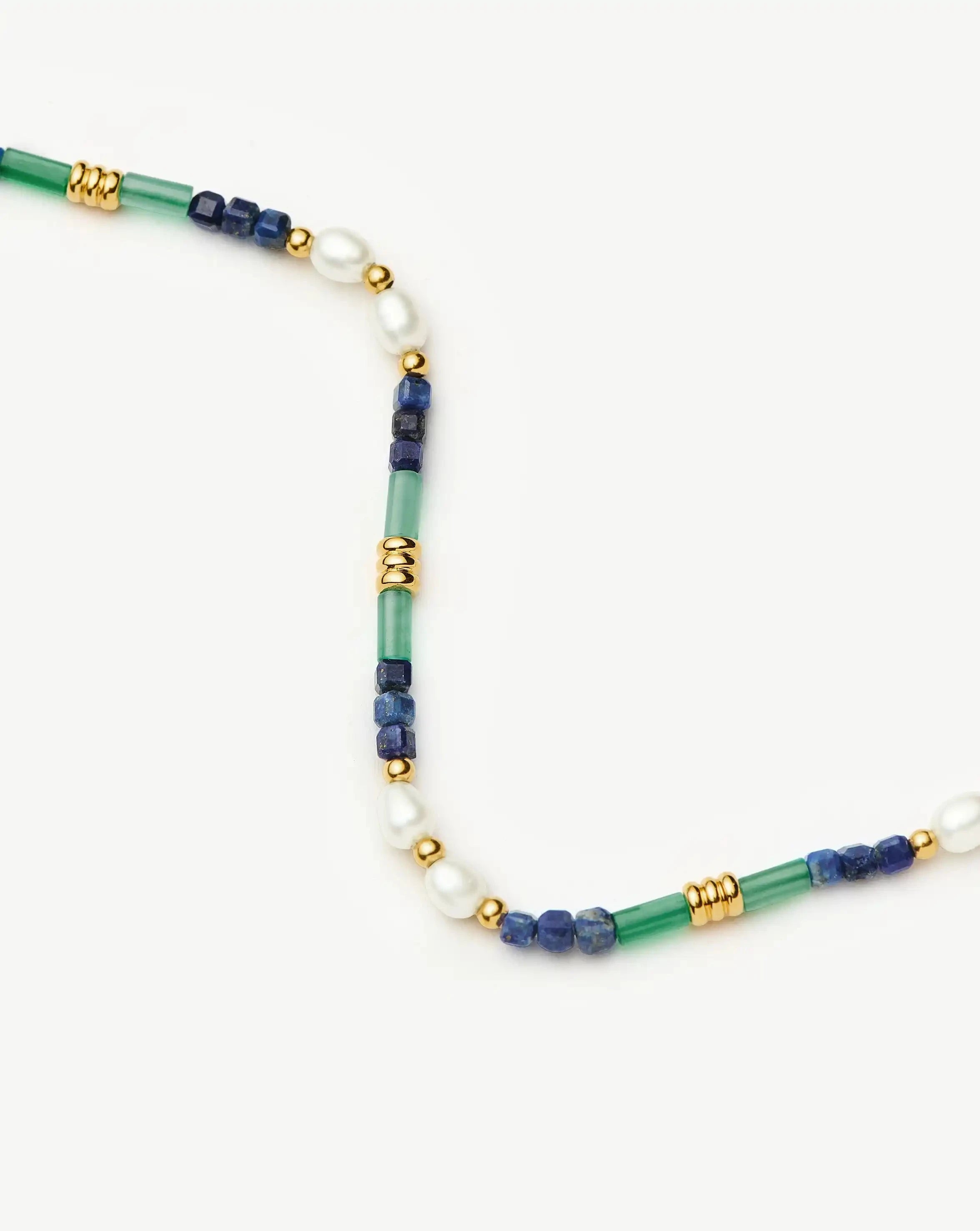 Beaded Gemstone & Pearl Short Necklace - 18k Gold Plated/Lagoon Blue